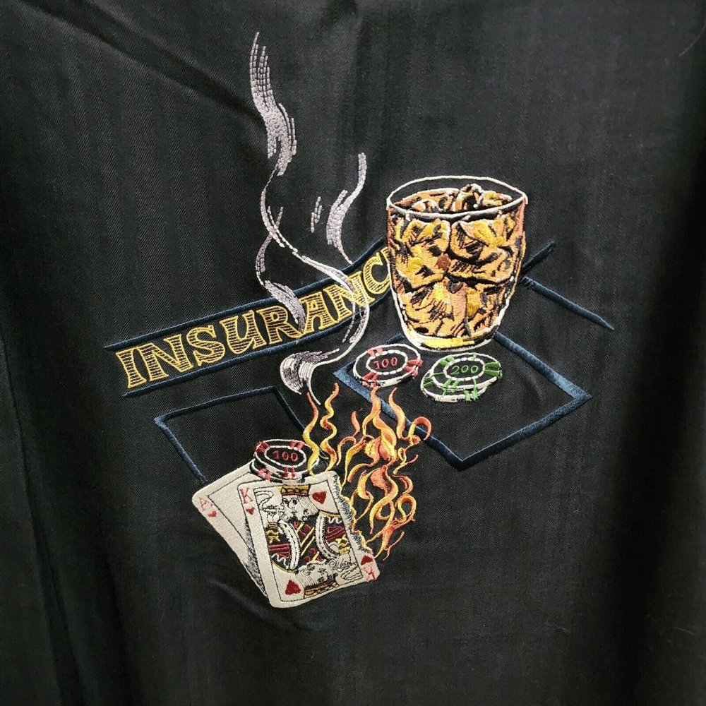 LUAU MENS LARGE 100% FINEST SILK BLACK SHIRT BLACKJACK GAMBLER SMOKING KING - Picture 9 of 11